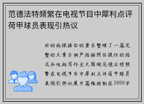 范德法特频繁在电视节目中犀利点评荷甲球员表现引热议